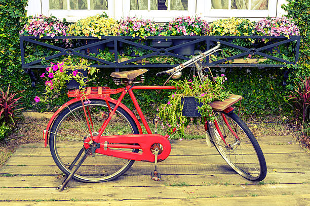 istock Red bicycle standing in garden 517533257