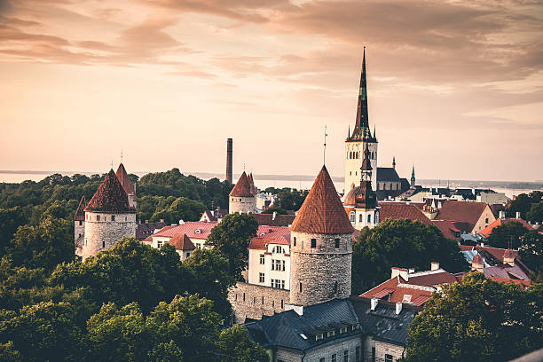 Tallinn aerial Old Town cityscape Tallinn aerial Old Town cityscape, Estonia. town wall tallinn stock pictures, royalty-free photos & images