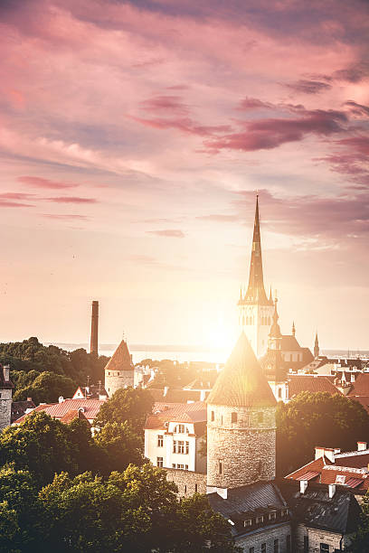 Tallinn aerial Old Town cityscape Tallinn aerial Old Town cityscape, Estonia. town wall tallinn stock pictures, royalty-free photos & images