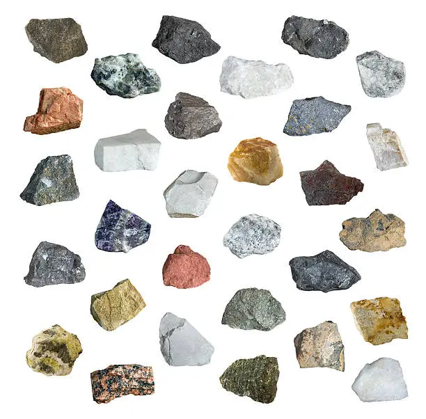 Collection set of minerals and stones isolated on white background. Iron ore, sandstone, apatite, quartz, bauxite,  phosphorite, magnesite, gypsum,and other minerals. For prints and wallpapers.