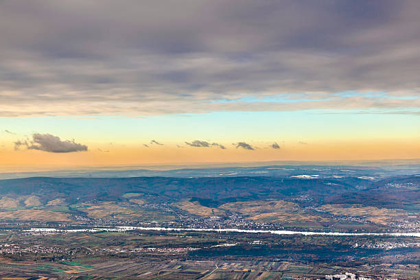 aerial of  the river main with the mountains of the taununs at the horizon