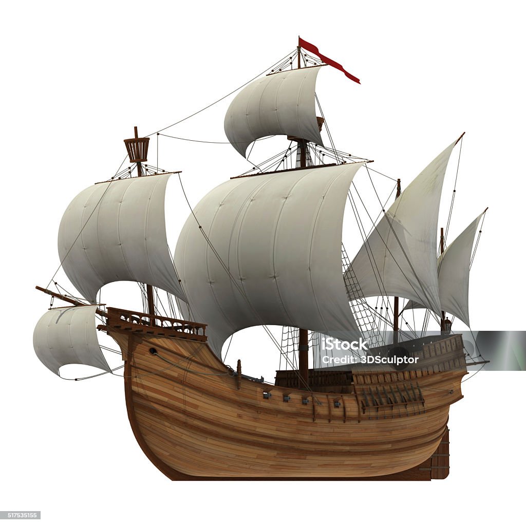 Caravel Realistic 3D Model Of Caravel With White Sails. Ship Stock Photo
