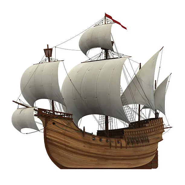 Realistic 3D Model Of Caravel With White Sails.