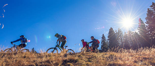 istock Four cyclists riding their bikes on top of a hill 517536116