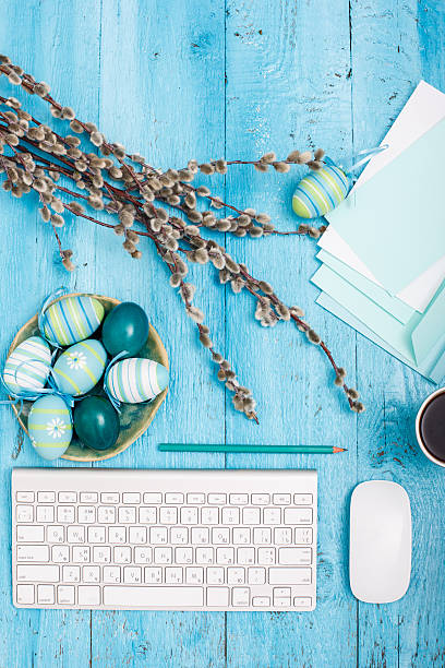 istock The top view of easter on wooden table office workplace 517537180