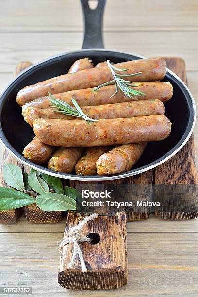 Thin Sausages In A Pan Stock Photo - Download Image Now - Breakfast, Broiling, Close-up