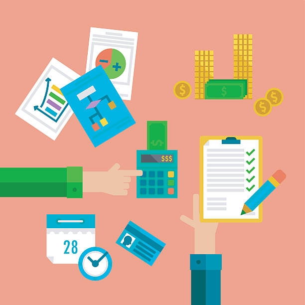 ilustrações de stock, clip art, desenhos animados e ícones de plana conceitos de impostos, finanças, contabilidade e de contabilidade. - finance stock market data diagram calculator