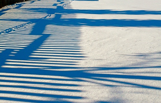 Fence shadows in snowy field