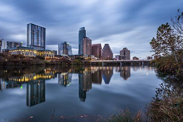 istock Austin downtown skyline by the river at night, Texas 517542864