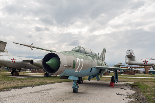 Plovdiv, Bulgaria - March 3, 2016: Airshow and demonstration for the Bulgarian Independence day annual celebrations. Exhibition of obsolete and retired from the Bulgaria air force jet fighters.