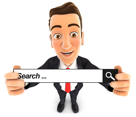 3d businessman holding a search bar, isolated white background