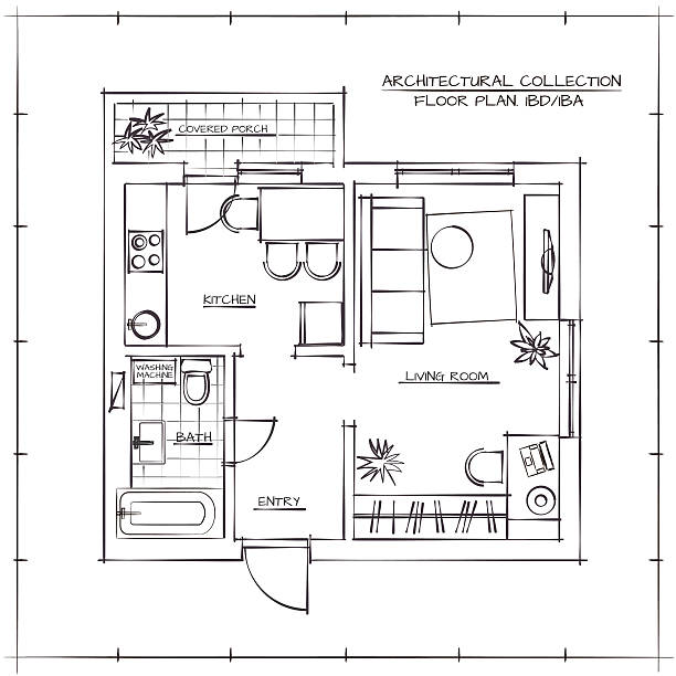 Architectural Floor Plan Architectural Hand Drawn Floor Plan.One Bedroom Apartment autocad house plans stock illustrations