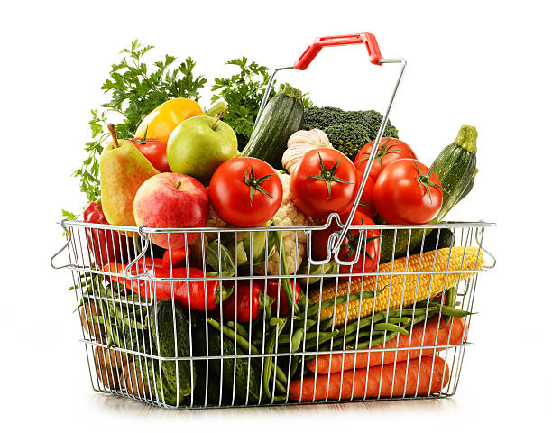 istock Wire shopping basket with groceries isolated on white 517548417