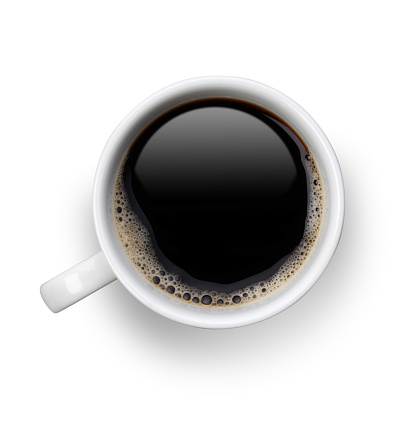 Black Coffee in a white cup  with bubbles.clipping Path