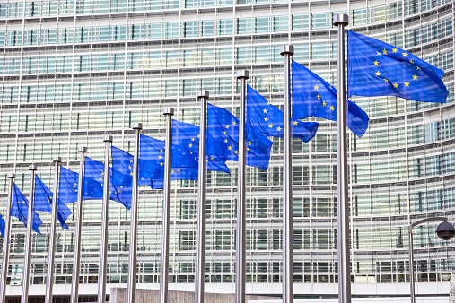 Flags in front of the EU Commission building in Brussels