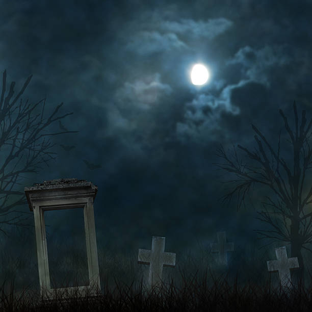 istock Spooky Halloween graveyard with dark clouds and ominous moon 517552147