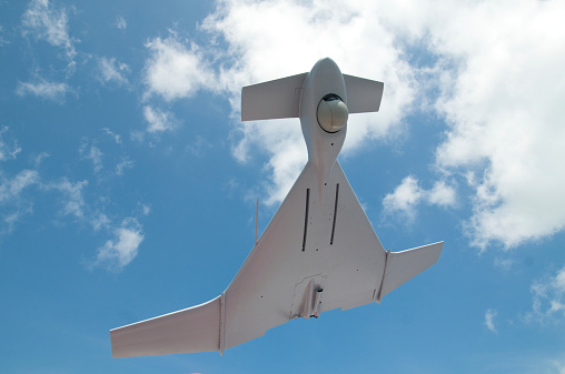 Unmanned Aerial Vehicle, UAV or drone, with camera in the nose for surveillance missions.