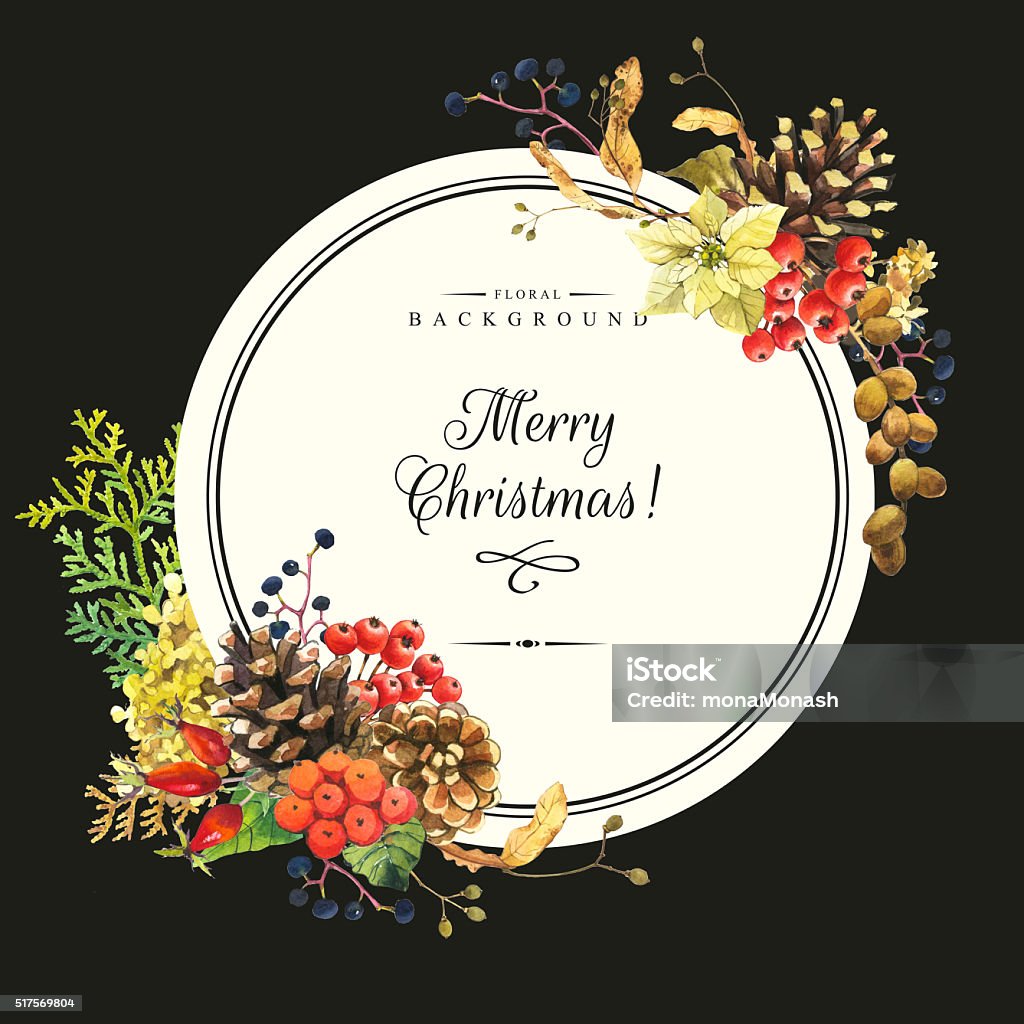 Illustration with watercolor flowers. Merry christmas. Beautiful christmas bouquet and headline with winter flowers and plants on black background. Composition with berries, poinsettia, rowan, linden and hydrangea. Round frame with flowers. American Arborvitae stock illustration