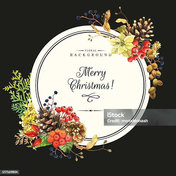 Illustration With Watercolor Flowers Merry Christmas Stock Illustration - Download Image Now