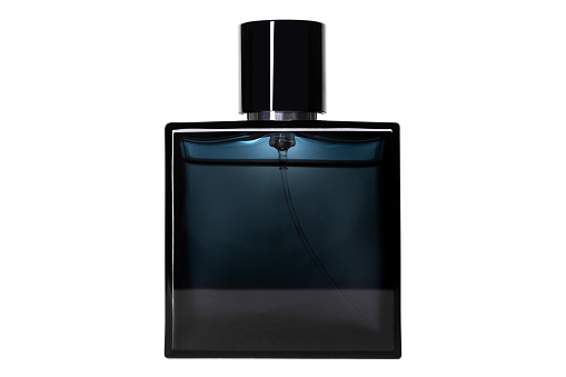 A bottle of aftershave with a white background with a shadow