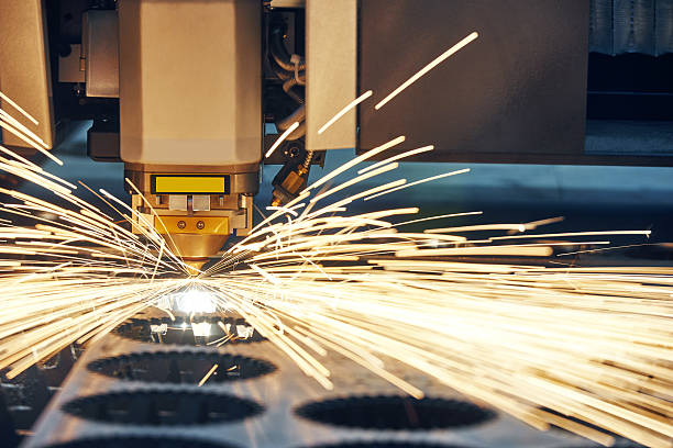 istock Laser cutting technology of flat sheet metal steel material proc 517571836