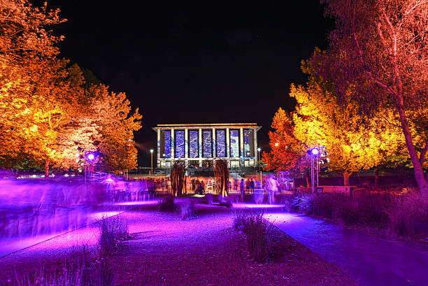 Canberra, Australia, 9 March 2016. Spectacular architectural projections light up the Parliamentary Triangle for the Enlighten Festival. Every night for one week, stunning projections illuminate the streets and major buildings such as the National Library.