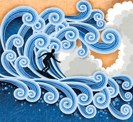 Surfer rides on a big stylized wave. Retro stile illustration. EPS 10 contains transparency