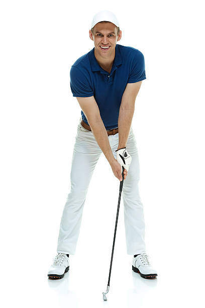 lächelnd golfer schwingen - sportsman front view studio shot looking at camera stock-fotos und bilder