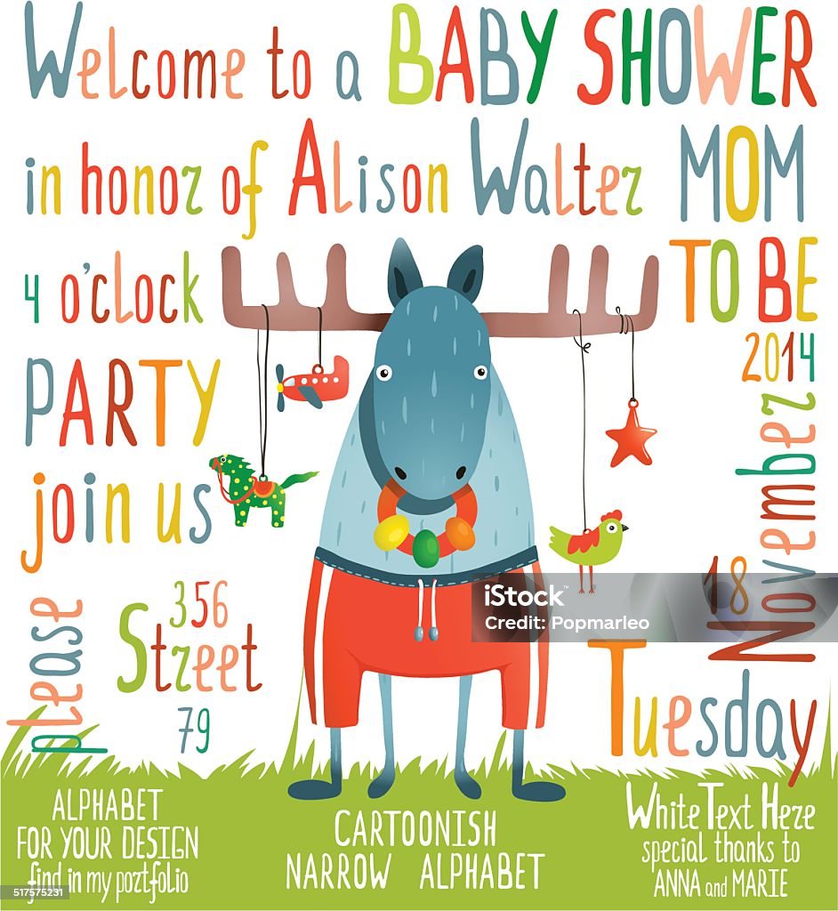 Baby Shower Invitation with Animal Brightly colored childish moose card. Vector illustration EPS8. Animal stock vector