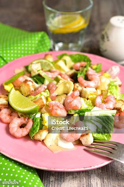 Caesar Salad With Shrimps And Cheese Stock Photo - Download Image Now - Appetizer, Bread, Cheese