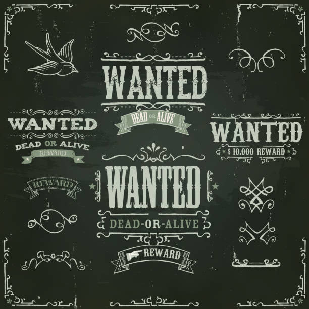 Wanted Vintage Western Banners On Chalkboard Vector illustration of a set of hand drawn vintage old wanted, dead or alive, reward western movie placard banners, with sketched floral patterns, on slate chalkboard background. File is EPS10 and uses multiply transparency at 100% only on gradient mesh frame background  bounty hunter stock illustrations