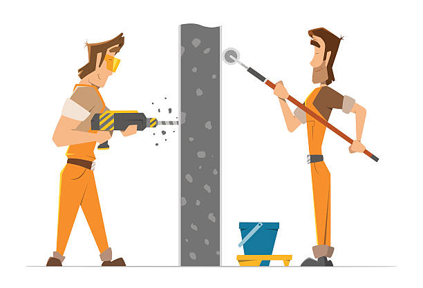 ilustrações, clipart, desenhos animados e ícones de dois homem trabalhador atividade e pintura de uma parede - hand drill work tool white white background