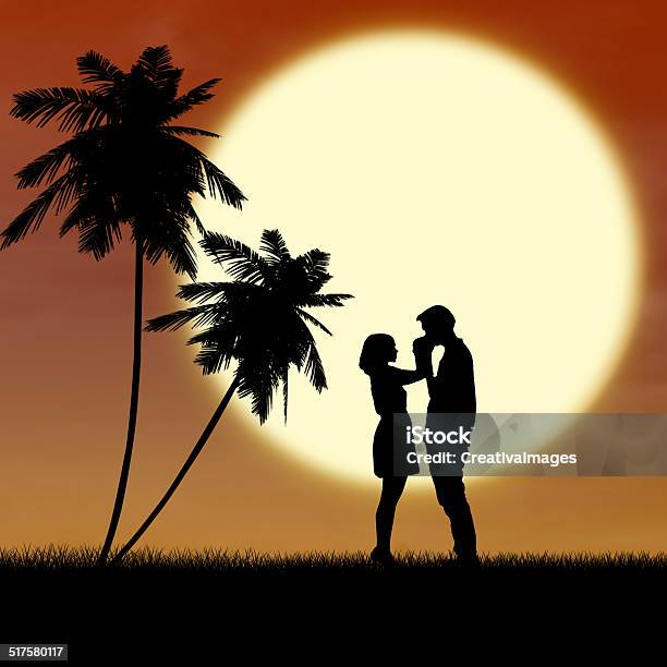 Girl And Guy In Love By Sunset Silhouette Stock Photo - Download Image Now - Adult, Adults Only, Art