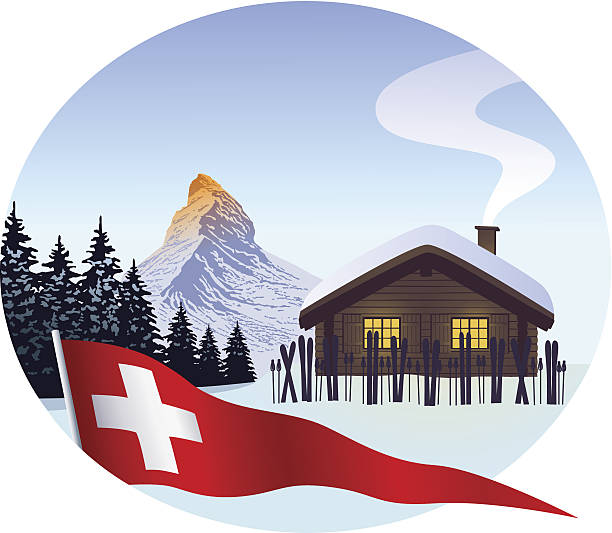 ilustraciones, imágenes clip art, dibujos animados e iconos de stock de cabina de esquí con matterhorn y suiza pendón - ski resort hut snow winter