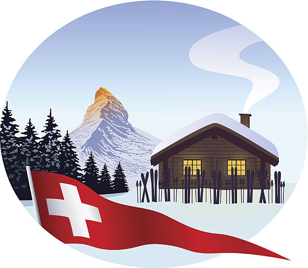 stockillustraties, clipart, cartoons en iconen met ski hut with the matterhorn and swiss pennants - skivakantie