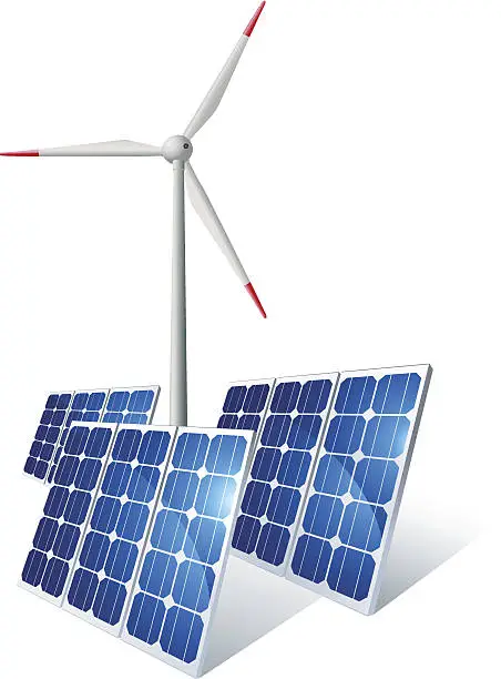 Vector illustration of Renewable Energy - Wind turbine and solar panels