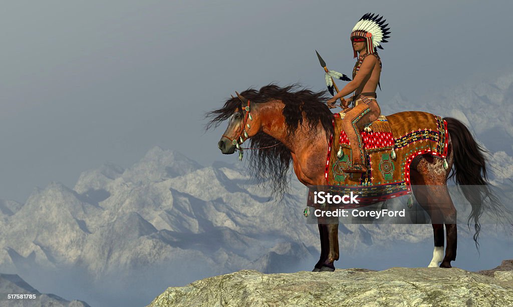 Indian Proud Eagle An American Indian sits on his Appaloosa horse on a high cliff in a desert area. Indigenous Peoples of the Americas Stock Photo