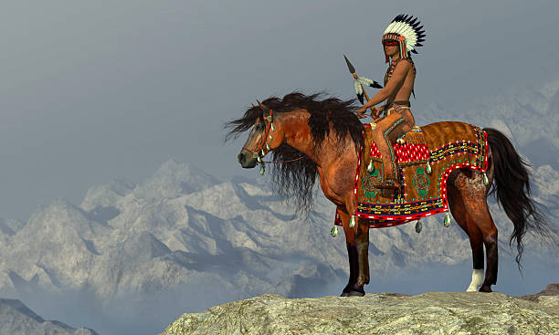 Indian Proud Eagle An American Indian sits on his Appaloosa horse on a high cliff in a desert area. indigenous american culture stock pictures, royalty-free photos & images