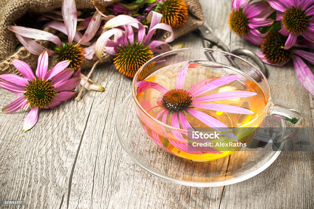 Cup of echinacea  tea on wooden table Echinacea purpurea. Cup of echinacea  tea on wooden table Close-up Stock Photo