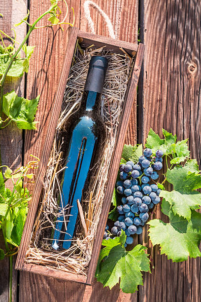 istock Red wine in a wooden box with hay 517595905