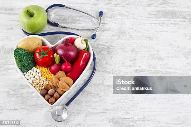 Healthy Foods In Heart Shaped With Stethoscope Stock Photo - Download Image Now - Healthy Eating, Heart Shape, Healthy Lifestyle