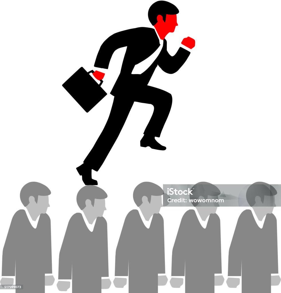 illustration of a man in a suit, tie Vector illustration of a man in a suit, tie and with briefcase runs over other people's heads to his purpose Achievement stock vector
