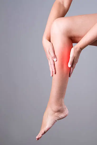 Photo of Massage of female leg on a gray background