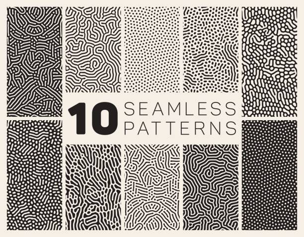 Ten Vector Seamless Organic Patterns Set of Ten Vector Seamless Black and White Organic Rounded Jumble Maze Lines Patterns Abstract Background biology stock illustrations