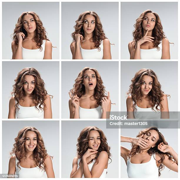 Set Of Young Womans Portraits With Different Happy Emotions Stock Photo - Download Image Now