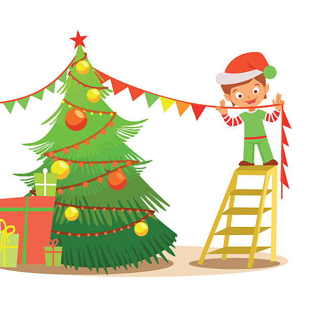 stockillustraties, clipart, cartoons en iconen met cute cartoon elf decorating christmas tree. - xmas tree