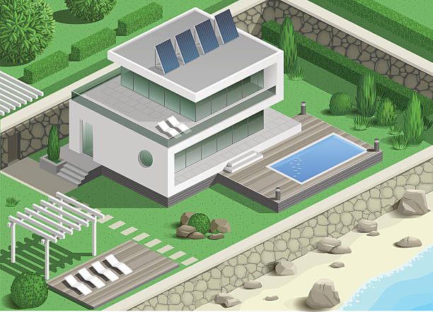 moderne villa an der küste - isometric sea coastline beach stock-grafiken, -clipart, -cartoons und -symbole