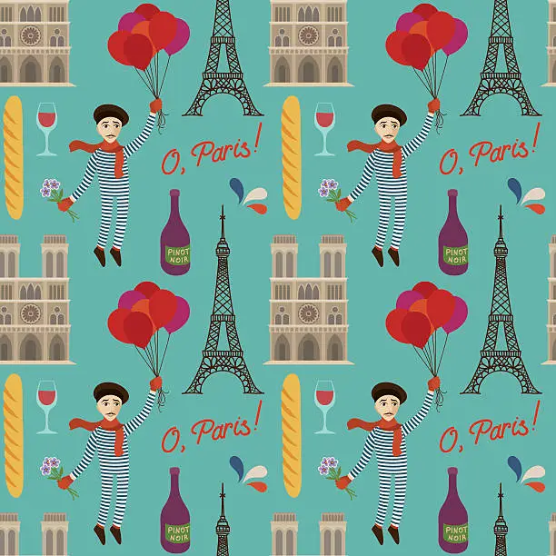 Vector illustration of Cartoon Retro Pattern of Paris