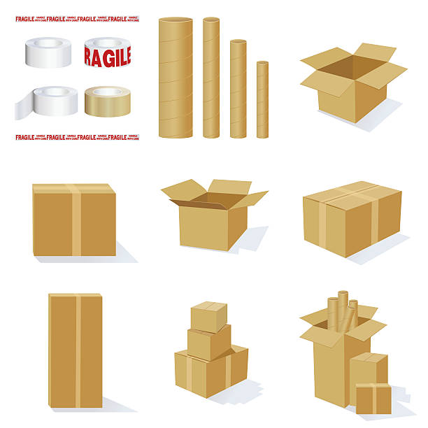 zestaw 3d opakowania kartonowego pudełka i rury do korespondencji - packaging packing adhesive tape box stock illustrations