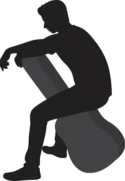 Vector illustration of Man Sitting on Guitar Case Silhouette